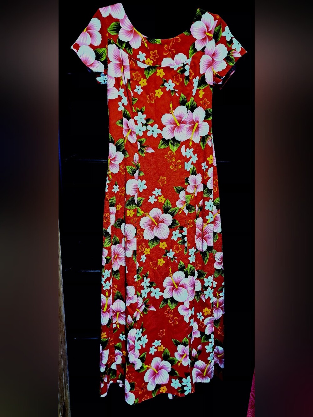 Vintage Hawaiian 50's/60's M/L Red Floral Maxi Dress with Pink Hibiscus Print
